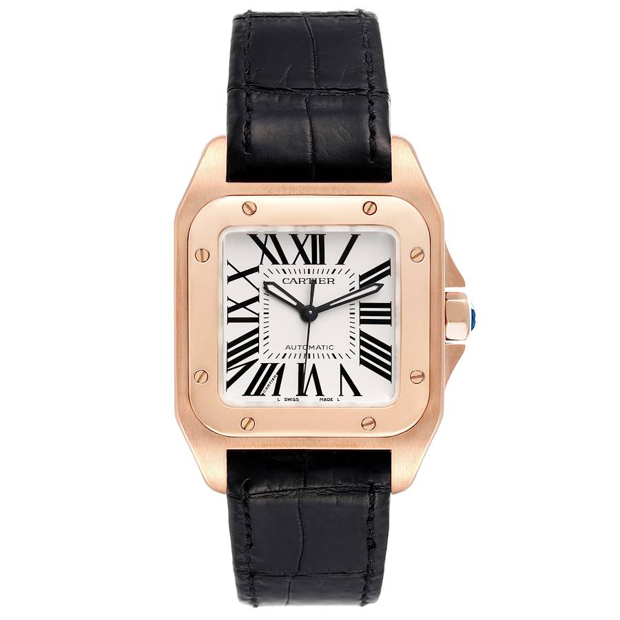 Cartier Santos 100 Midsize Rose Gold Silver Dial Mens Watch W20108Y1