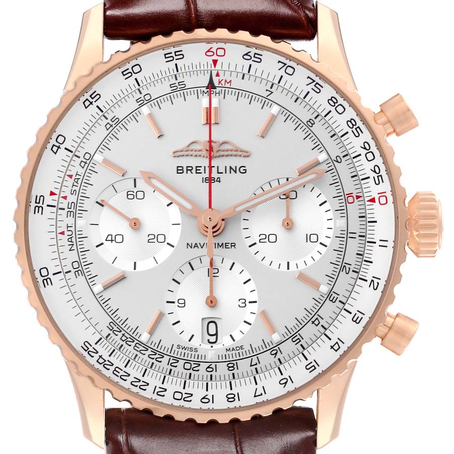 Breitling Navitimer B01 41mm Rose Gold Silver Dial Mens Watch RB0139