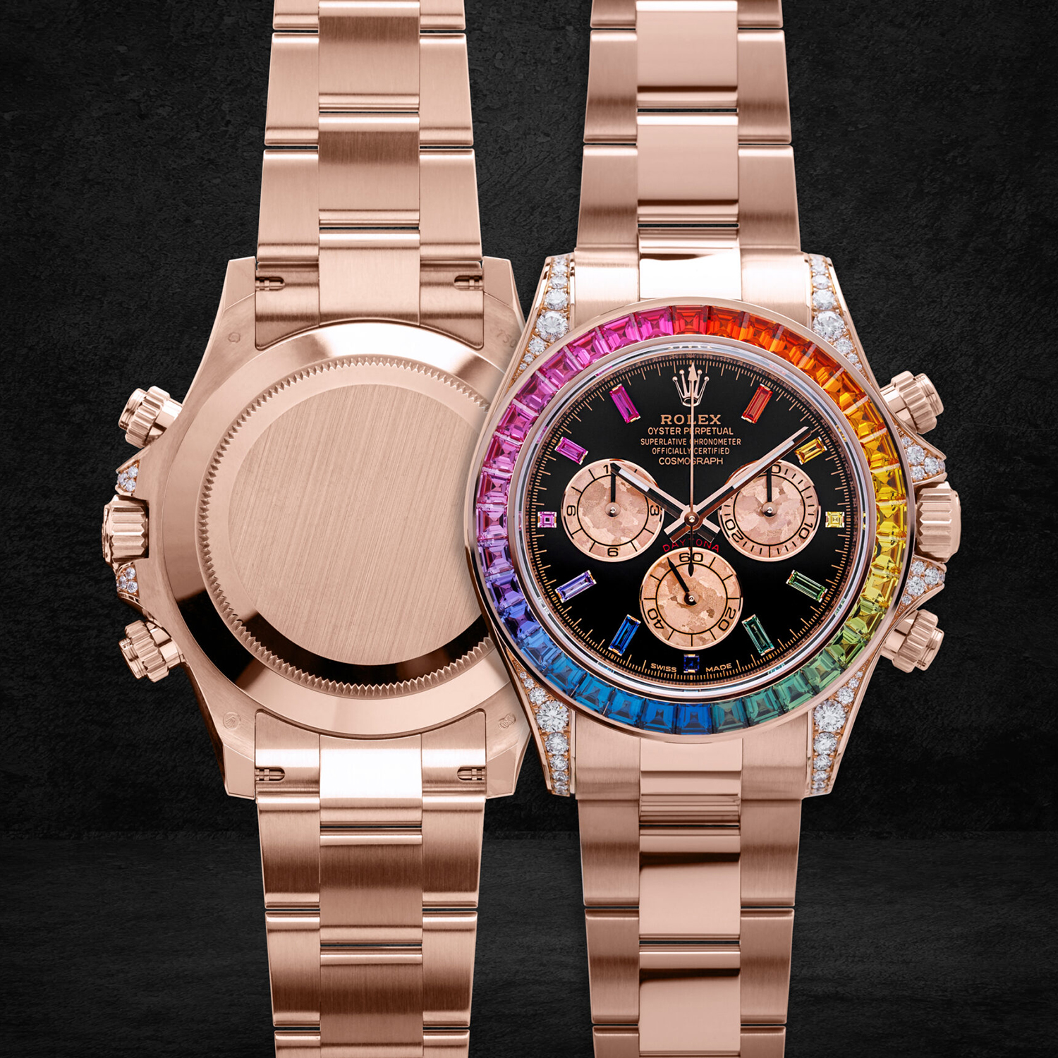 ​Rollie-The Crown Daytona Rainbow Diamond Rose Gold Stainless Steel 40mm