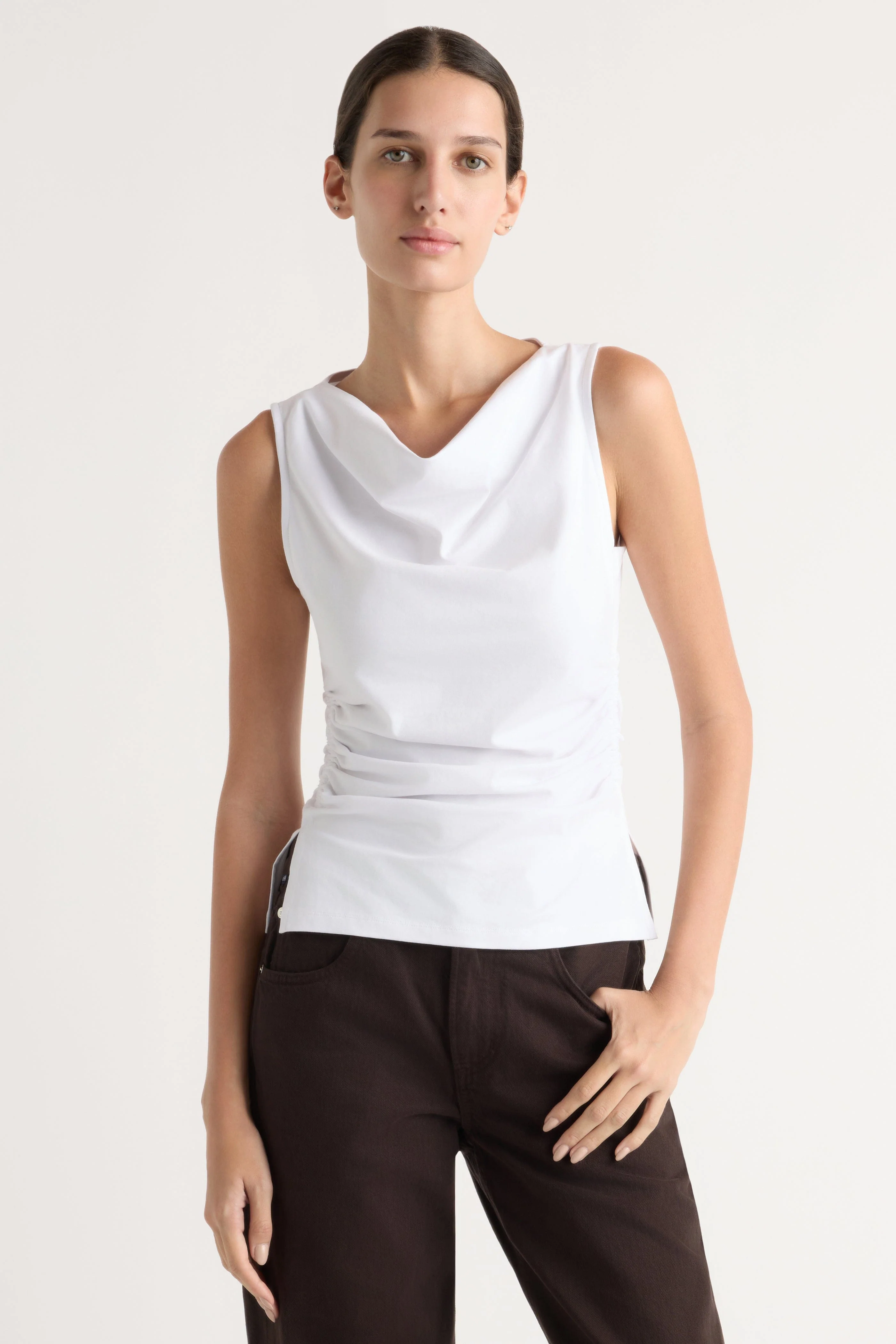 Josie Shirred-Side Cowl-Neck Tee