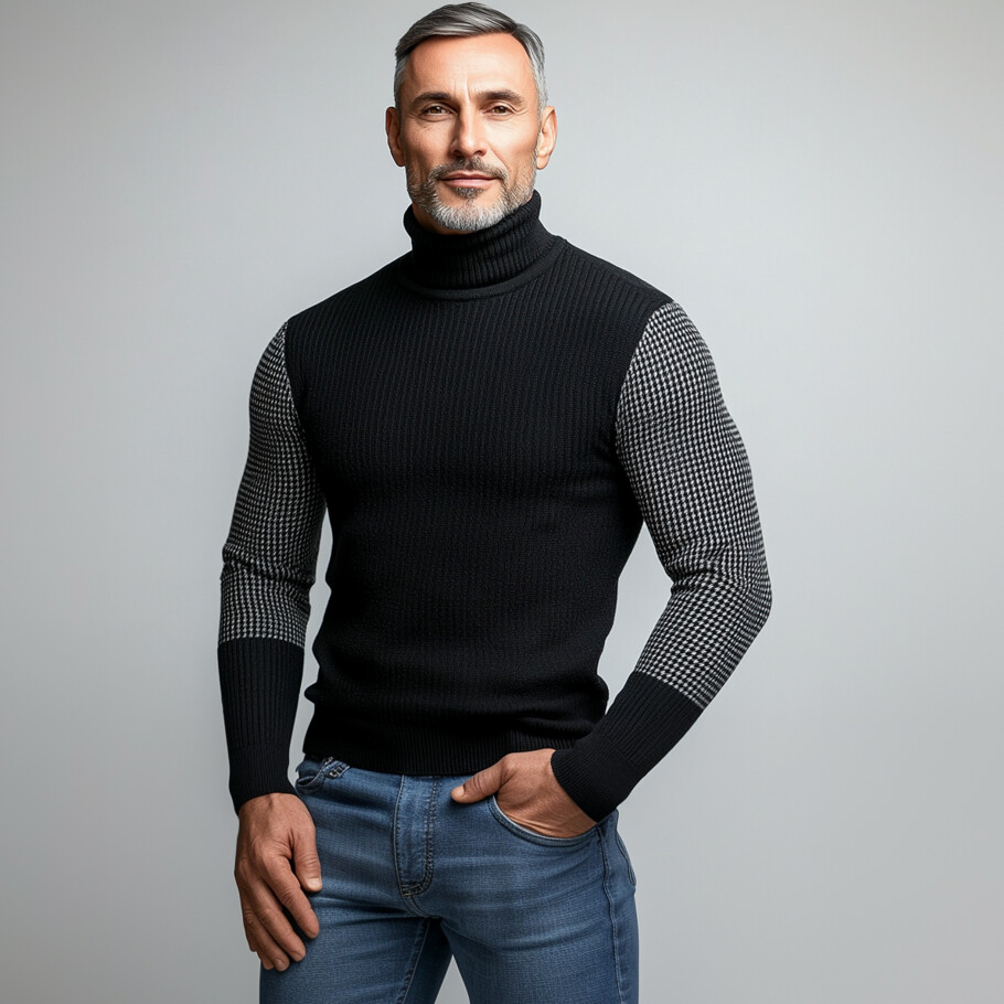 Men's Knit Turtleneck Long Sleeve Houndstooth Pattern Patchwork Sweater