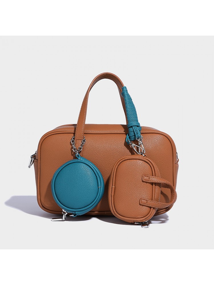Colorblock Leather Bowler Bag With 2 Mini Bag
