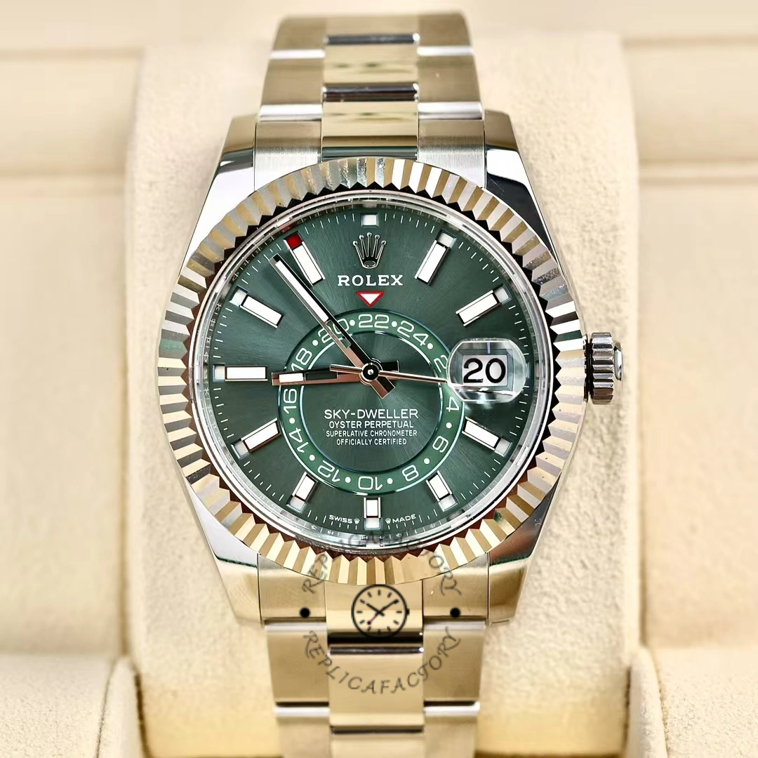 CC Rolex Sky-Dweller 336934 Fluted Bezel Green Dial 42MM Mens Replica Watch