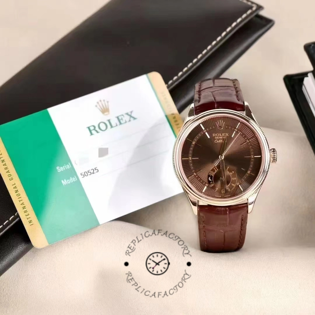 Rolex Cellini Dual Time 50525 Brown Guilloche Dial Brown Leather Strap 39mm Mens Replica Watch