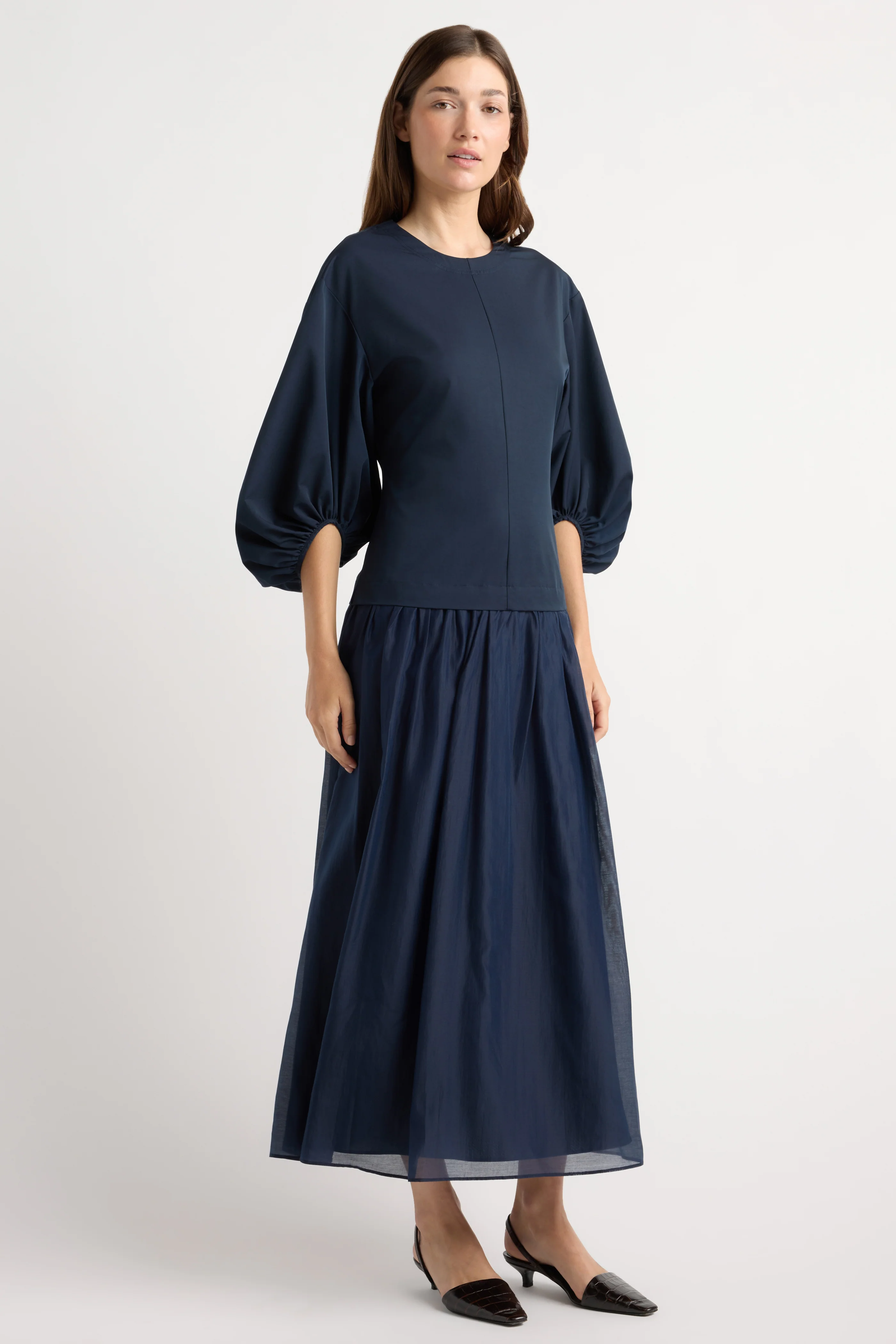 Octavia Balloon-Sleeve Shirred Dress