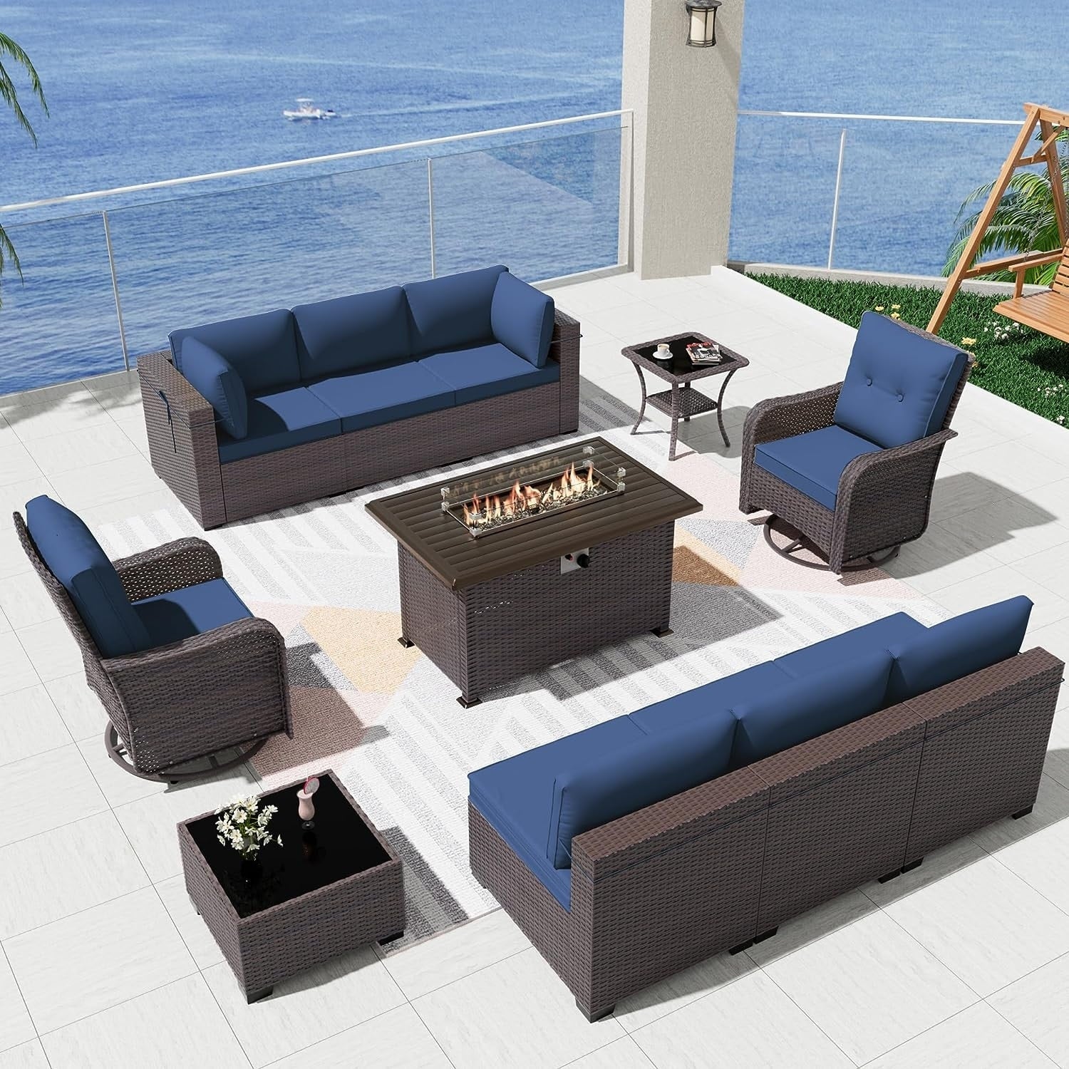 Patio Furniture Sectional Sofa Set, PE Rattan Swivel Rocking Chairs Patio Conversation Set