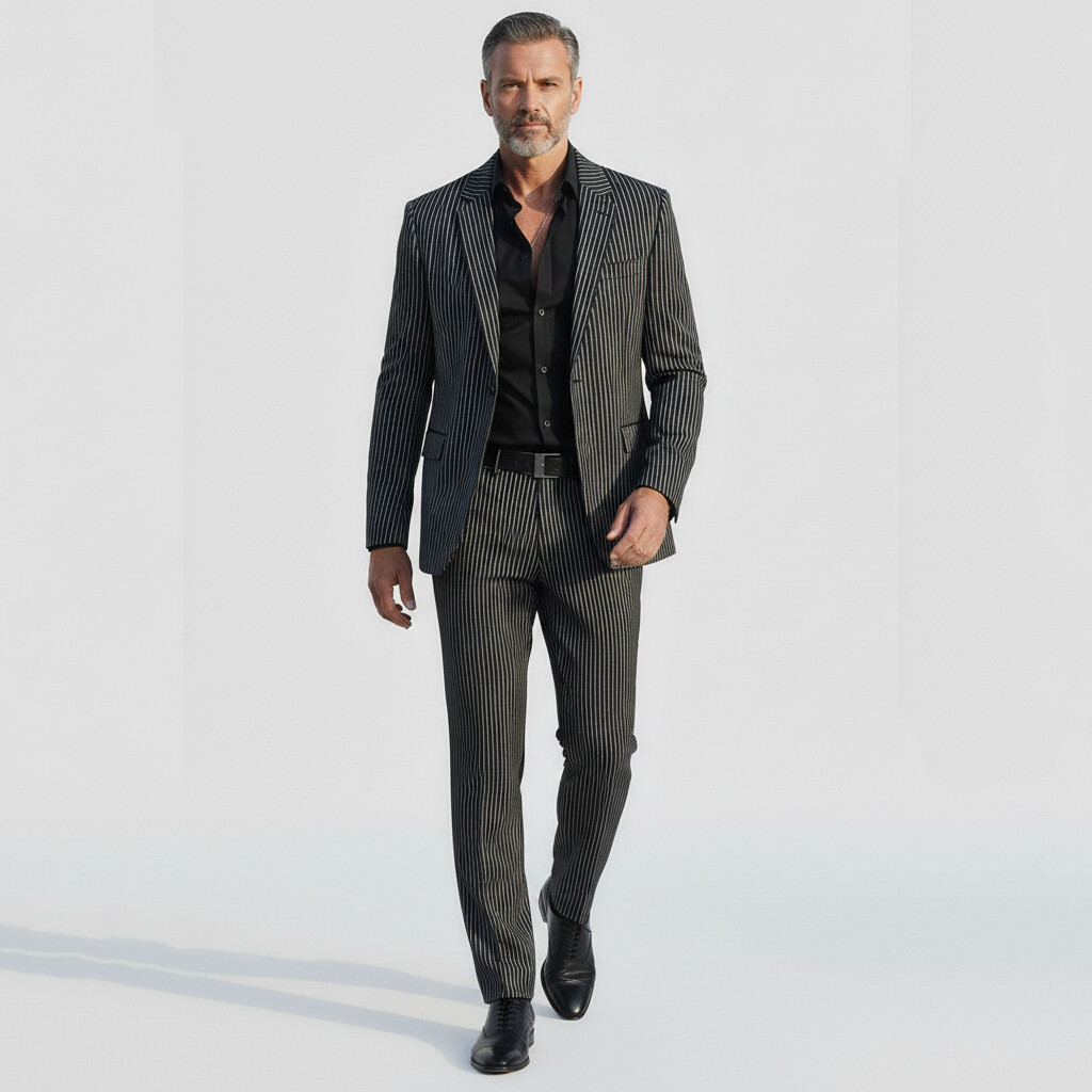 Men's Business Black Striped Notched Lapel One Button Long Sleeve Blazer