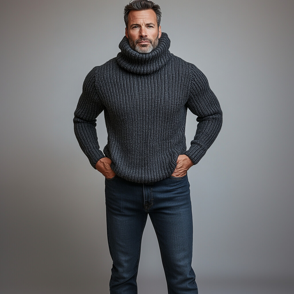 Men's High Neck Long Sleeve Rib Knitted Sweater