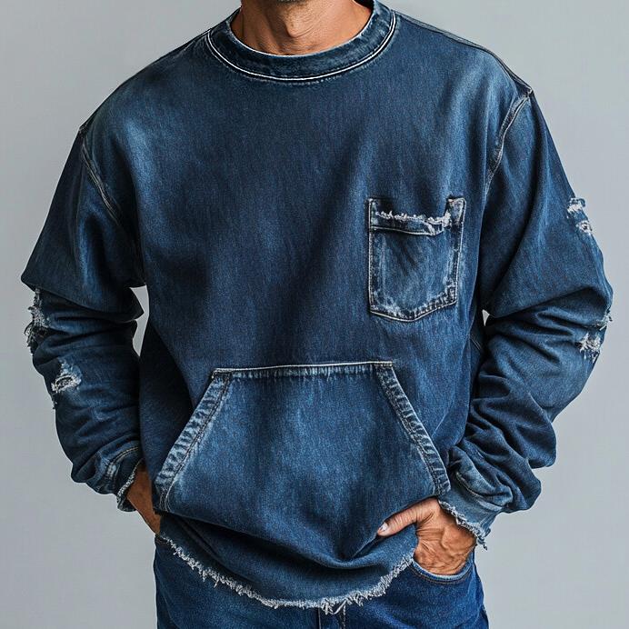 Men's Casual Ripped Denim Pockets Sweatshirt