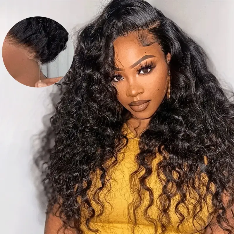 Megalook 360 Full Lace Glueless Loose Deep Wave Wigs Invisi Drawstring Natural Black Pull & Go