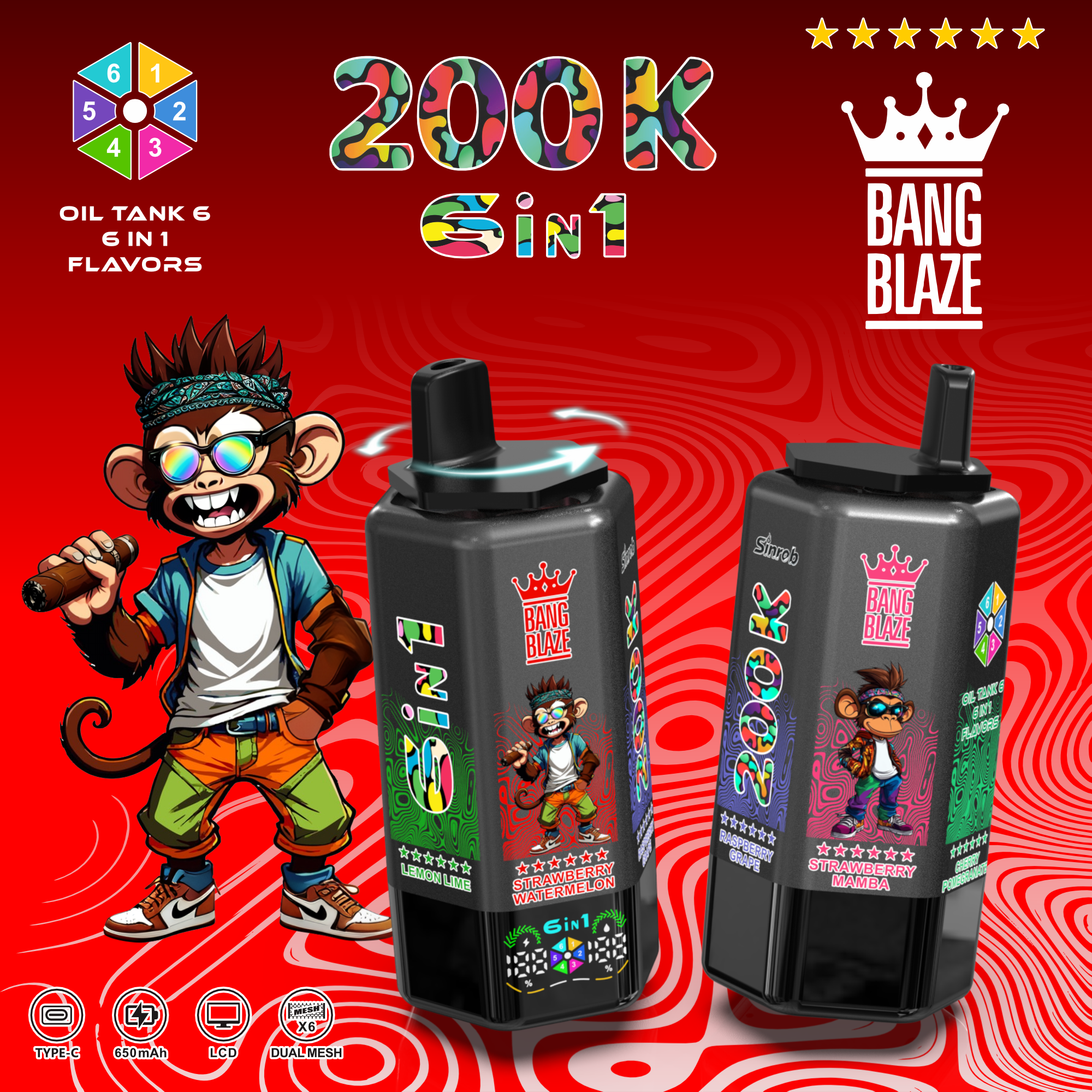E-papieros Jednorazowy BANG BLAZE 200K Puffs 6 in1 | Ekran LCD | Dostawa 48h| Darmowa wysyłka