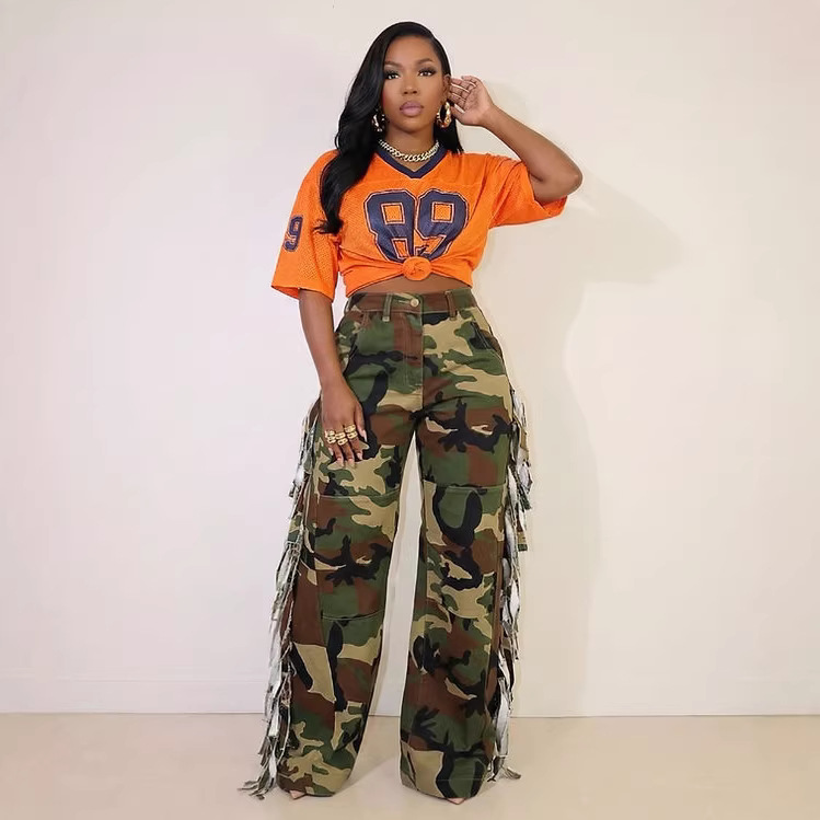 Women Camouflage Tassel Pocket Button Camouflage Pants