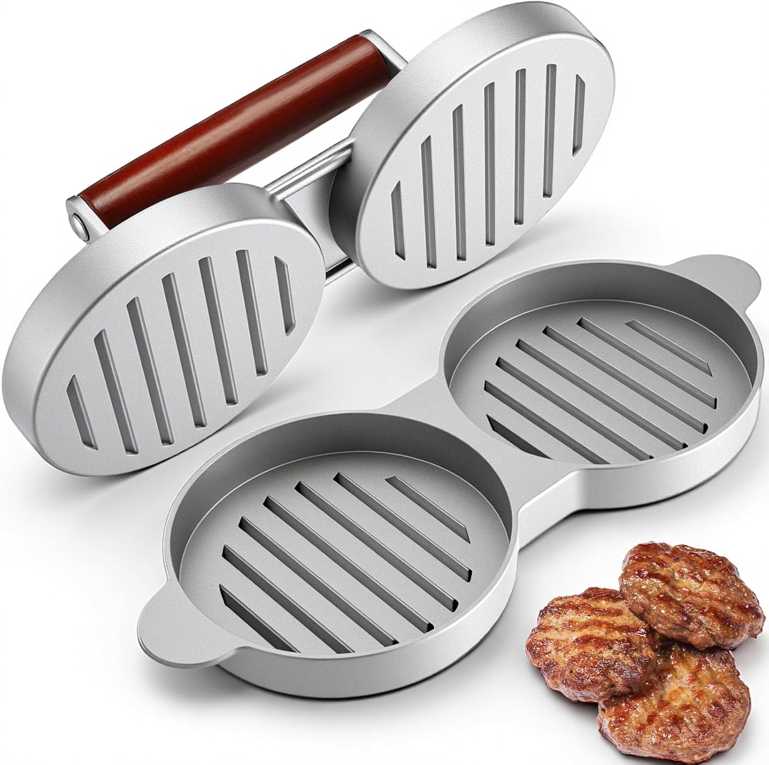 Double Burger Press (Two 4.45-inch Molds) Meat Patty Maker with Wooden Handle, Aluminum Alloy Non-Stick Hamburger Meat Beef Grill Burger Press Food Mold for Barbecue, Picnic, Camping