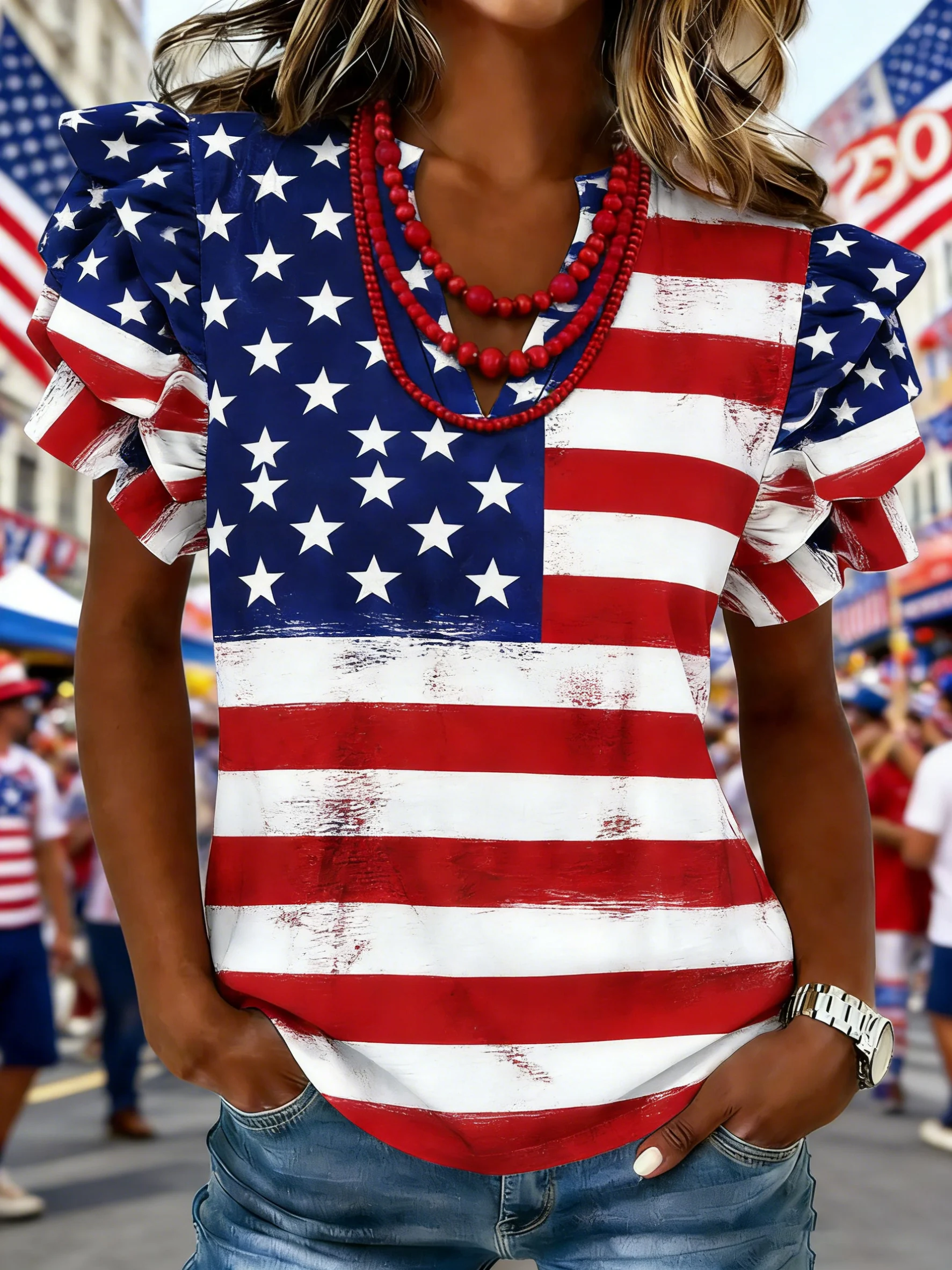 Women's patriotic 250th anniversary printed flag ruffled sleeve top