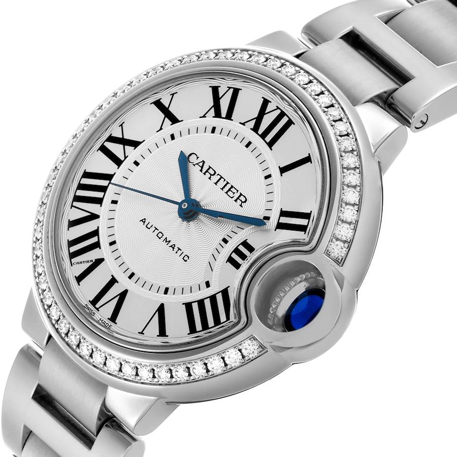 Cartier Ballon Bleu 36mm Steel Diamond Bezel Ladies Watch W4BB0023