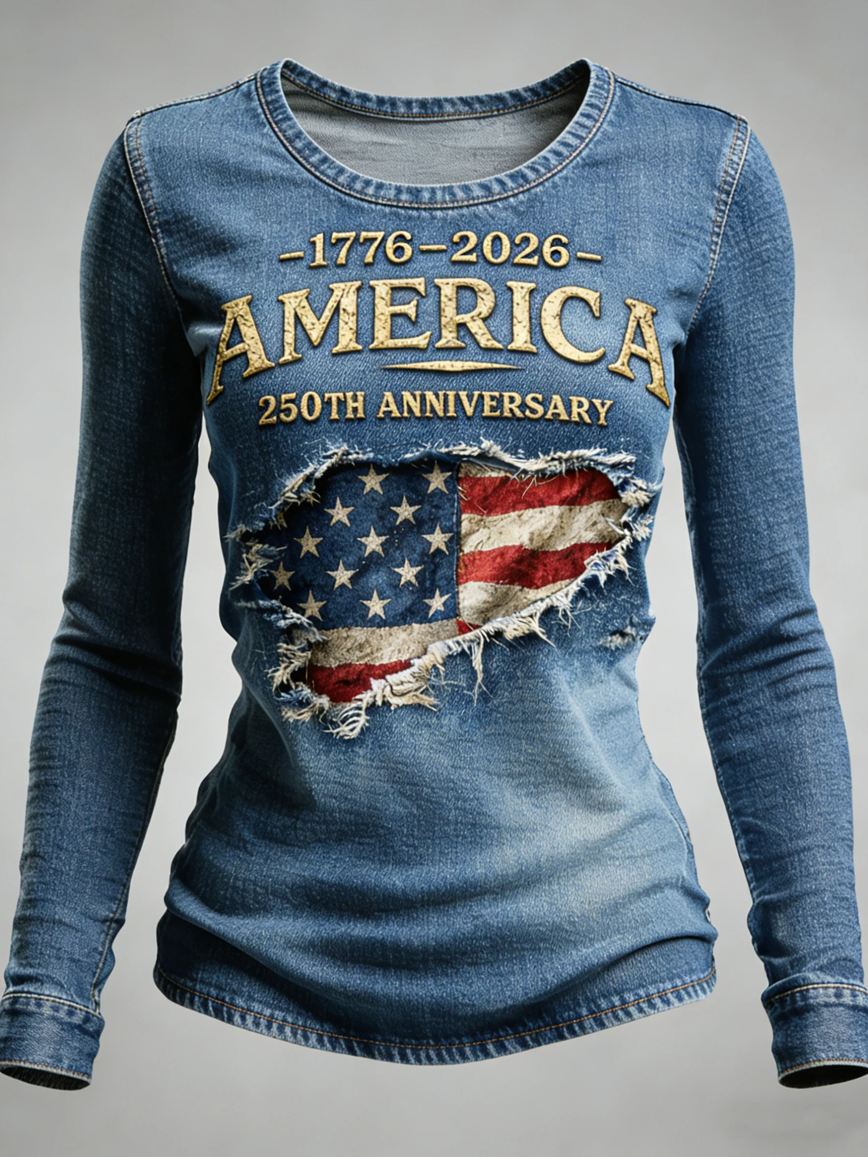 Women'S Casual Long-Sleeved T-Shirt With American 250th Anniversary Commemorative Print