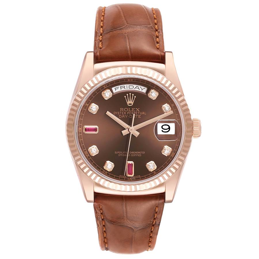 Rolex President Day Date Rose Gold Diamond Ruby Dial Mens Watch 118135