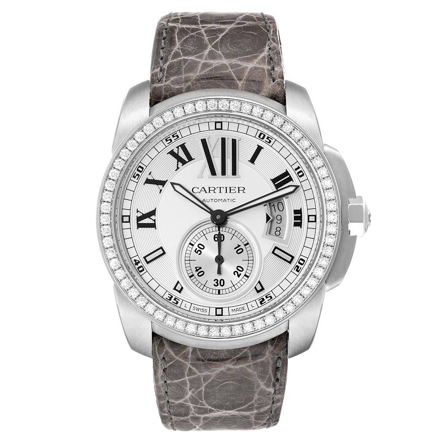 Cartier Calibre Silver Dial White Gold Diamond Mens Watch WF100003