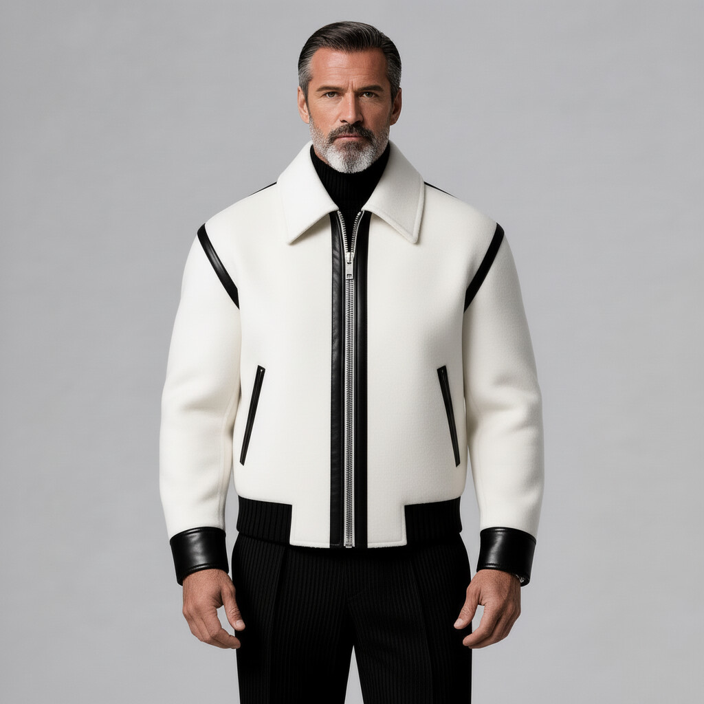 Men's White Contrast Black PU Leather Trim Shirt Collar Long Sleeve Pocket Zip Up Jacket