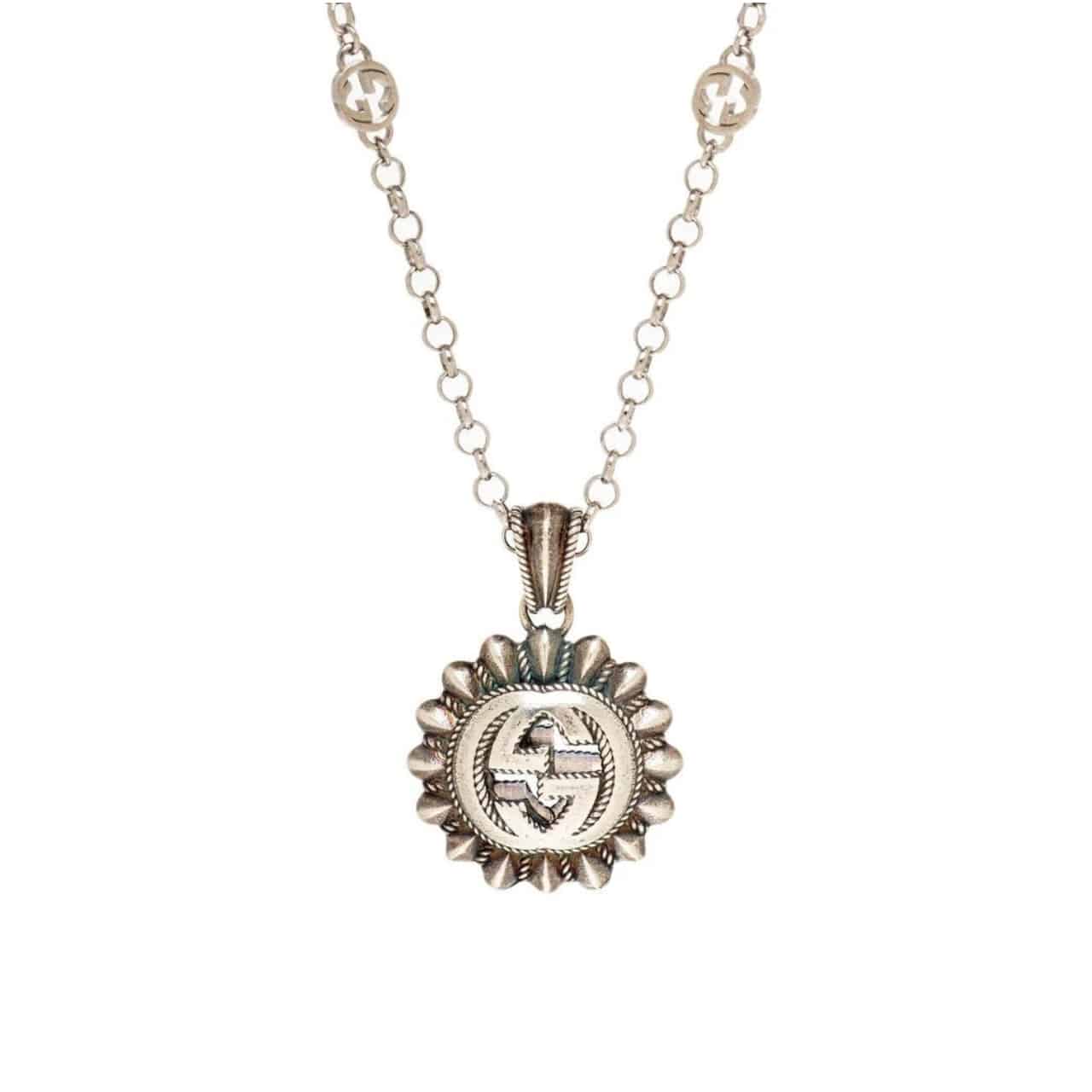 Gucci Interlocking G Logo Embellished Pendant Station Necklace Gold Tone