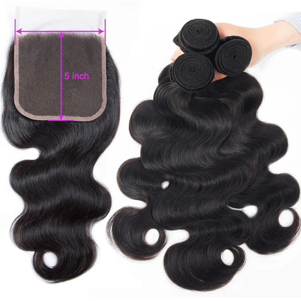 16-30 inch Brazilian Hair Body Wave 3 Bundles With 5x5 Lace Closure 100% Human Hair Extension