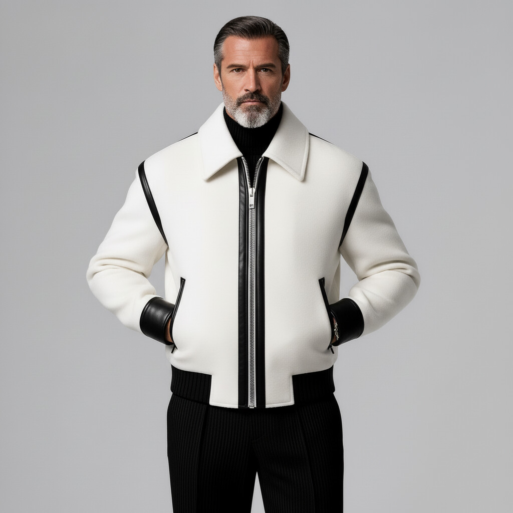 Men's White Contrast Black PU Leather Trim Shirt Collar Long Sleeve Pocket Zip Up Jacket