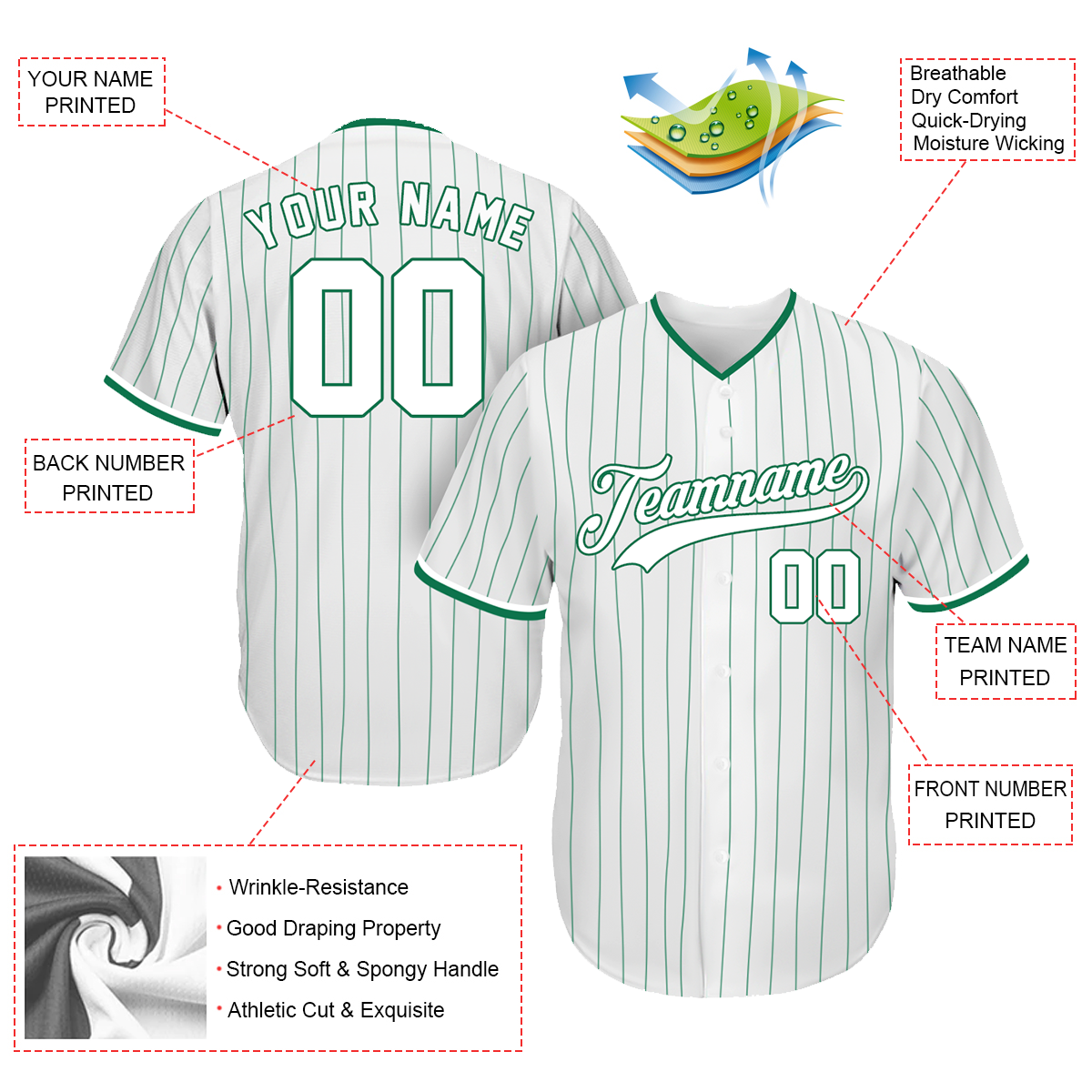Personalized Baseball Jerseys - Unique Gifts For Baseball Fans - Pinstripe White Green - St. Patrick's Day Outfit For Baseball Fan