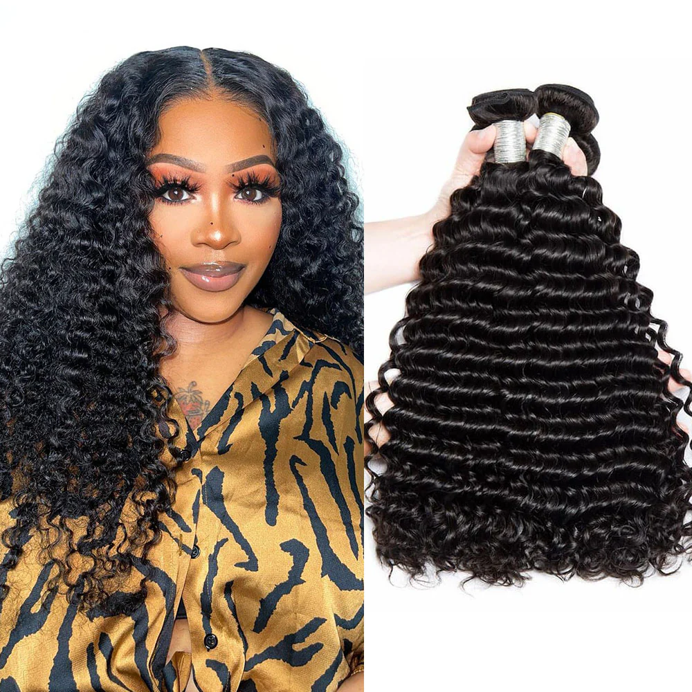 Deep Wave Curly Hair Extension 3 Bundles Deal 100% Natural Human Hair Weaves Double Weft No Shedding