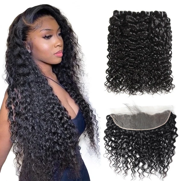 Megalook Water Wave 3 Bundles Virgin Human Hair With 13*4 Ear to Ear Lace Frontal Closure 10A Grade Deal