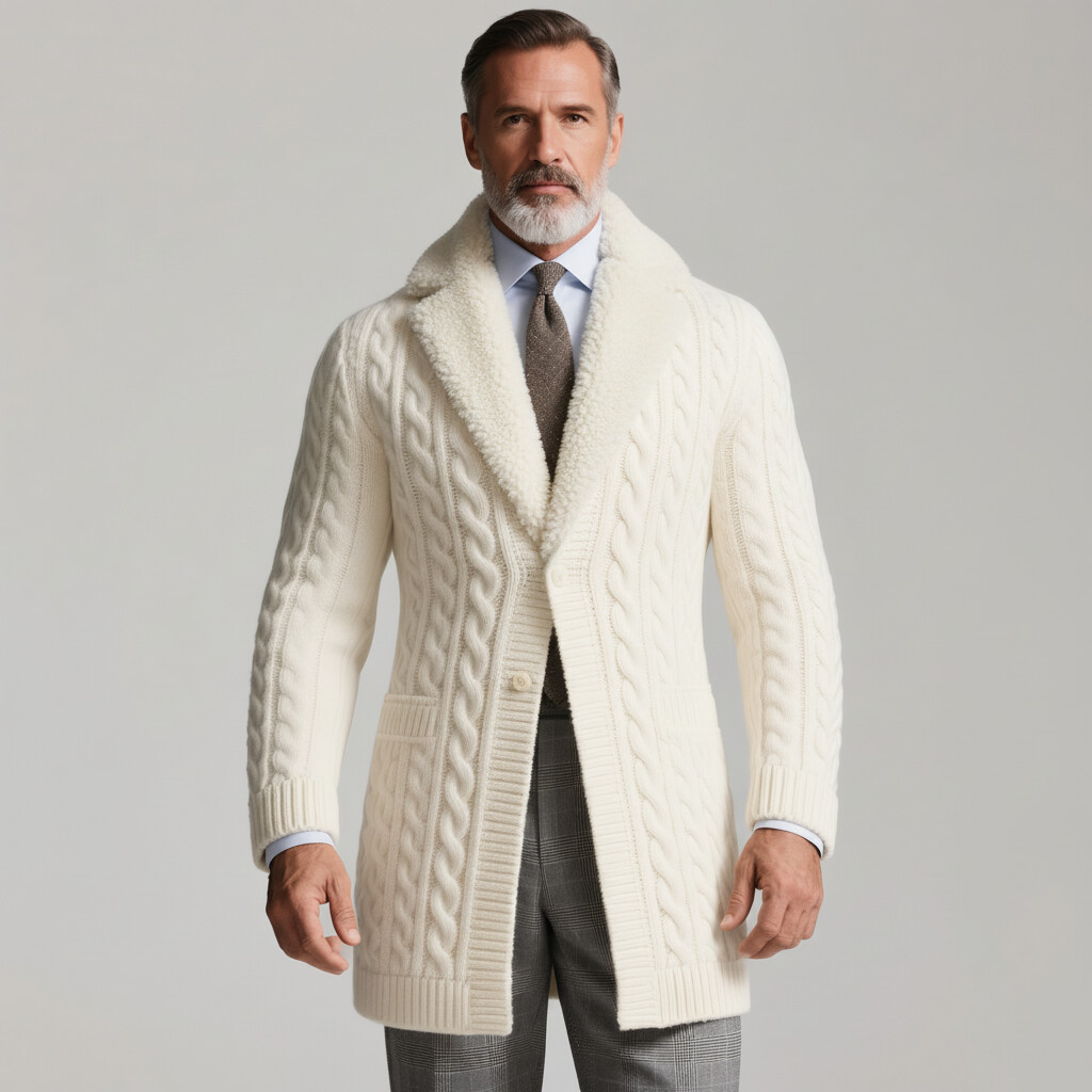 Men's Beige Cable Knit Shearling Collar Long Sleeve Two Button Sweater Coat