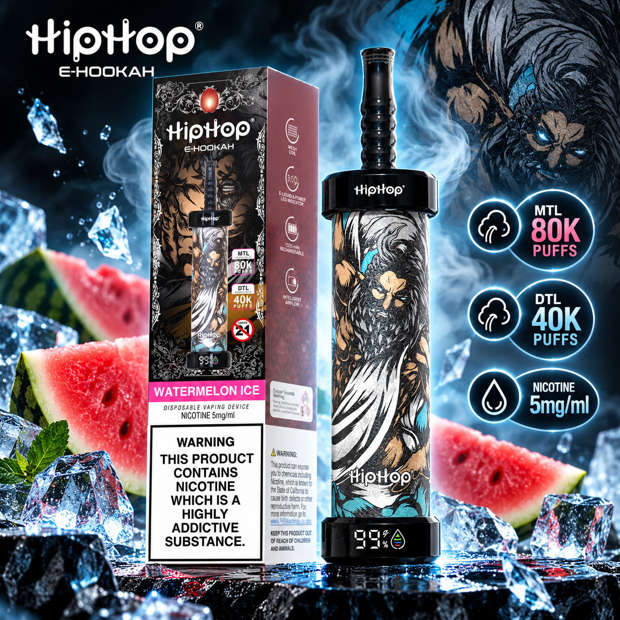 E-papieros HipHop E-Hookah 80K | Elektroniczna Szisza DTL/MTL | Ekran LED|Darmowa wysyłka