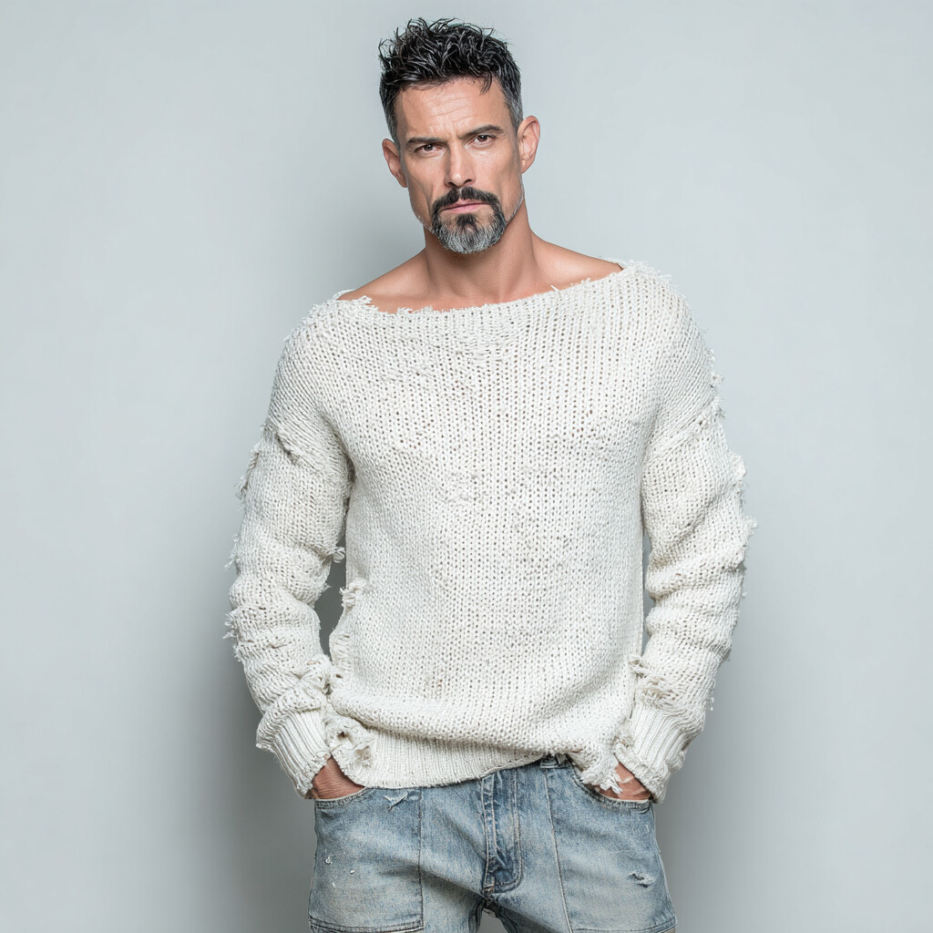 Men's Boat Neck Long Sleeve Drop Shoulder Distressed Knit Sweater