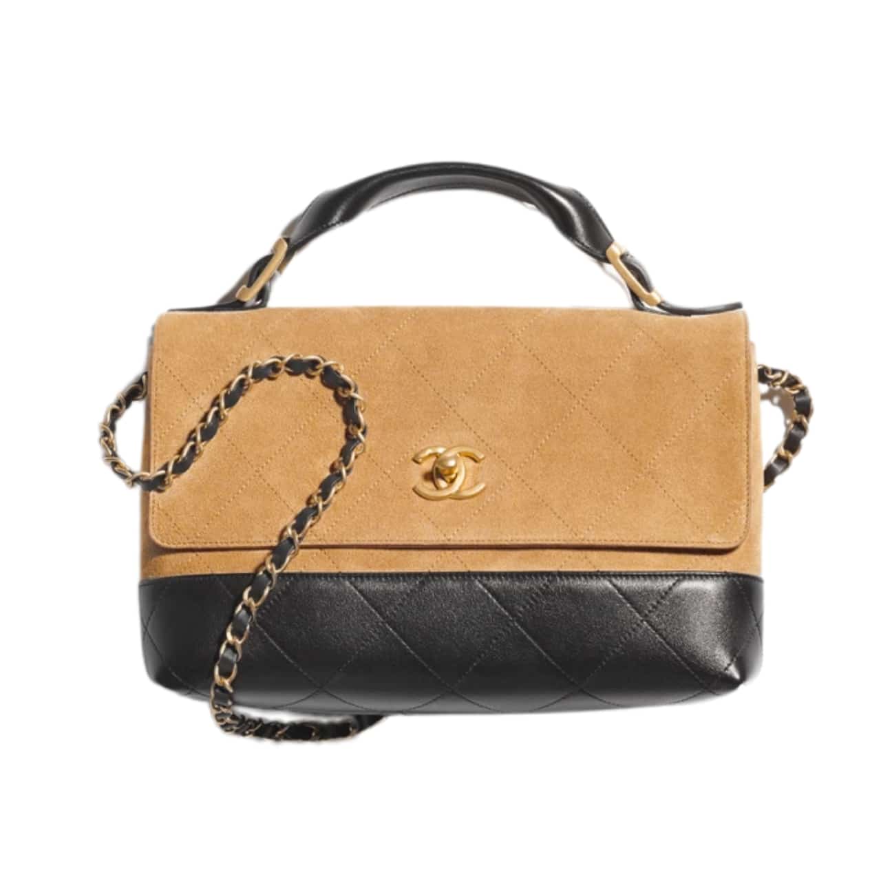 Chanel Large Flap Bag With Top Handle Shiny And Gold Tone Metal Brown Black 29Cm AS5637 B20827 U1536