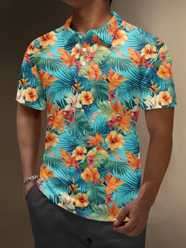 Moisture Wicking Hawaiian Floral Palm Leaves Golf Polo