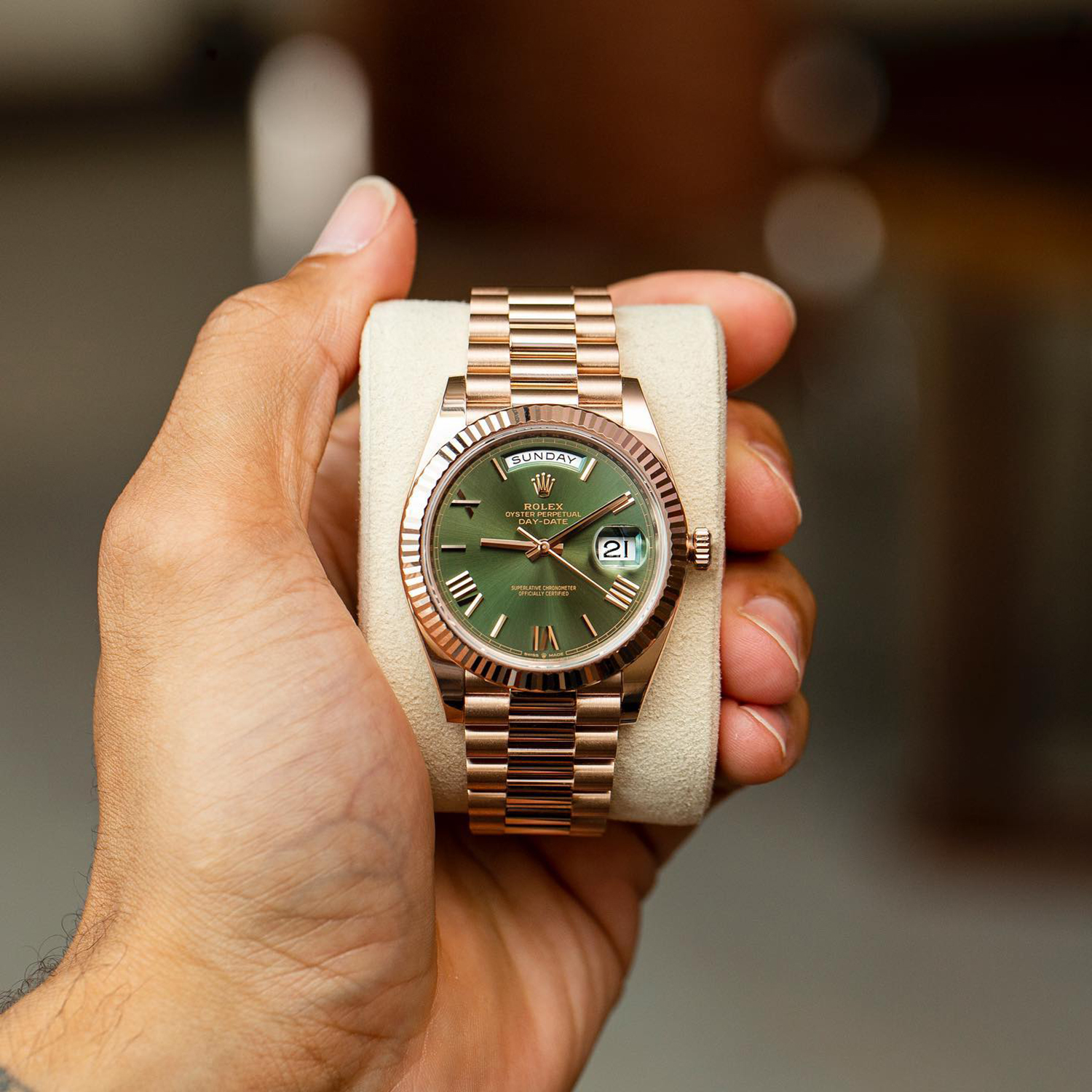 Rolex Day-Date President 40mm Olive Green Dial 18ct Everose Gold 228235-0025 Unworn