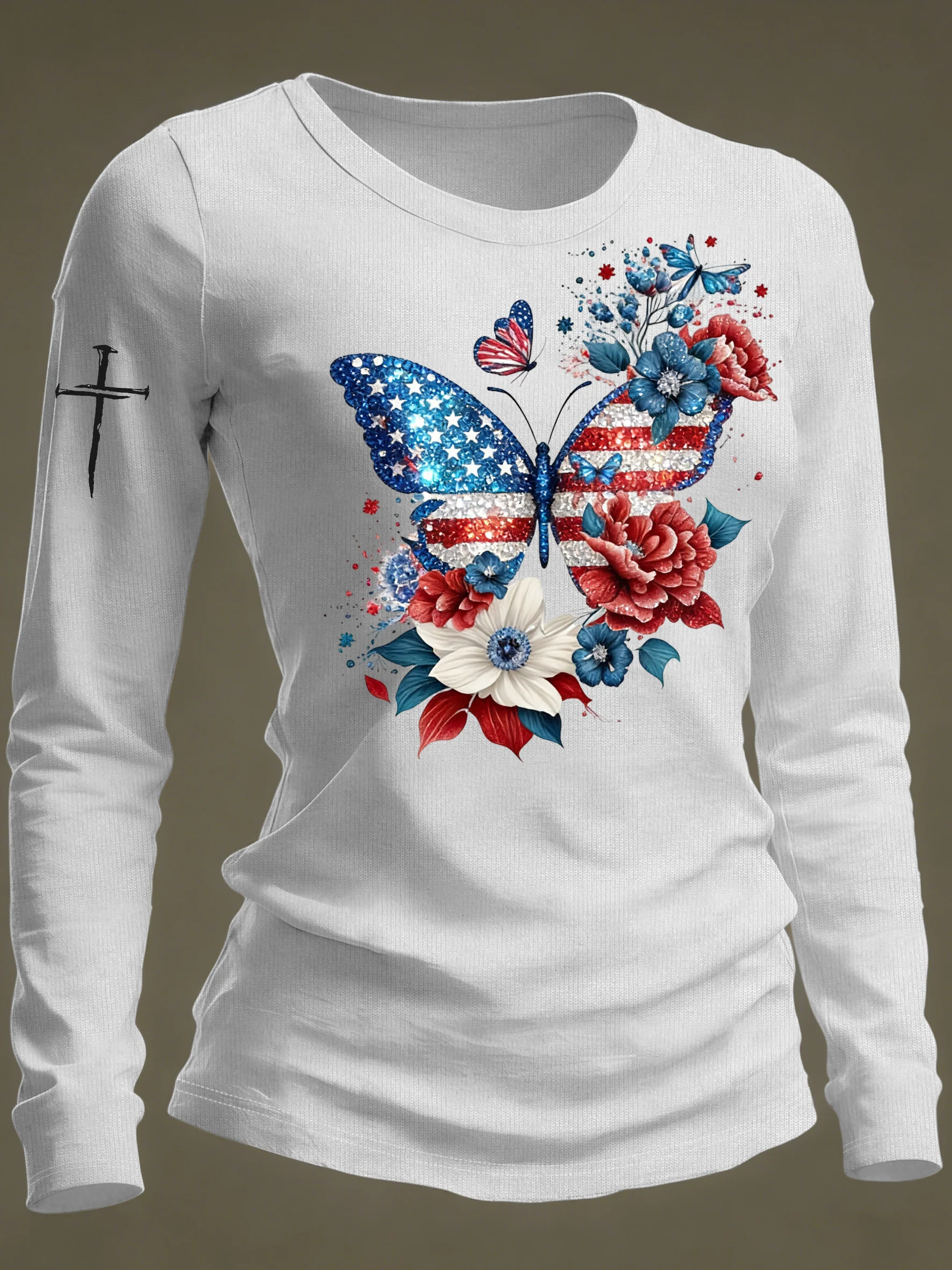 Women's casual American patriotic butterfly and floral long-sleeved T-shirt