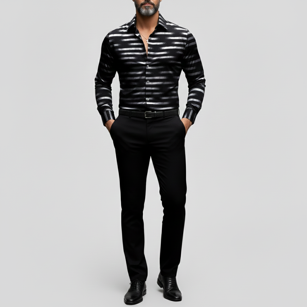 Men's Business Casual Striped Shirt Collar Single Breasted Long Sleeve Shirts