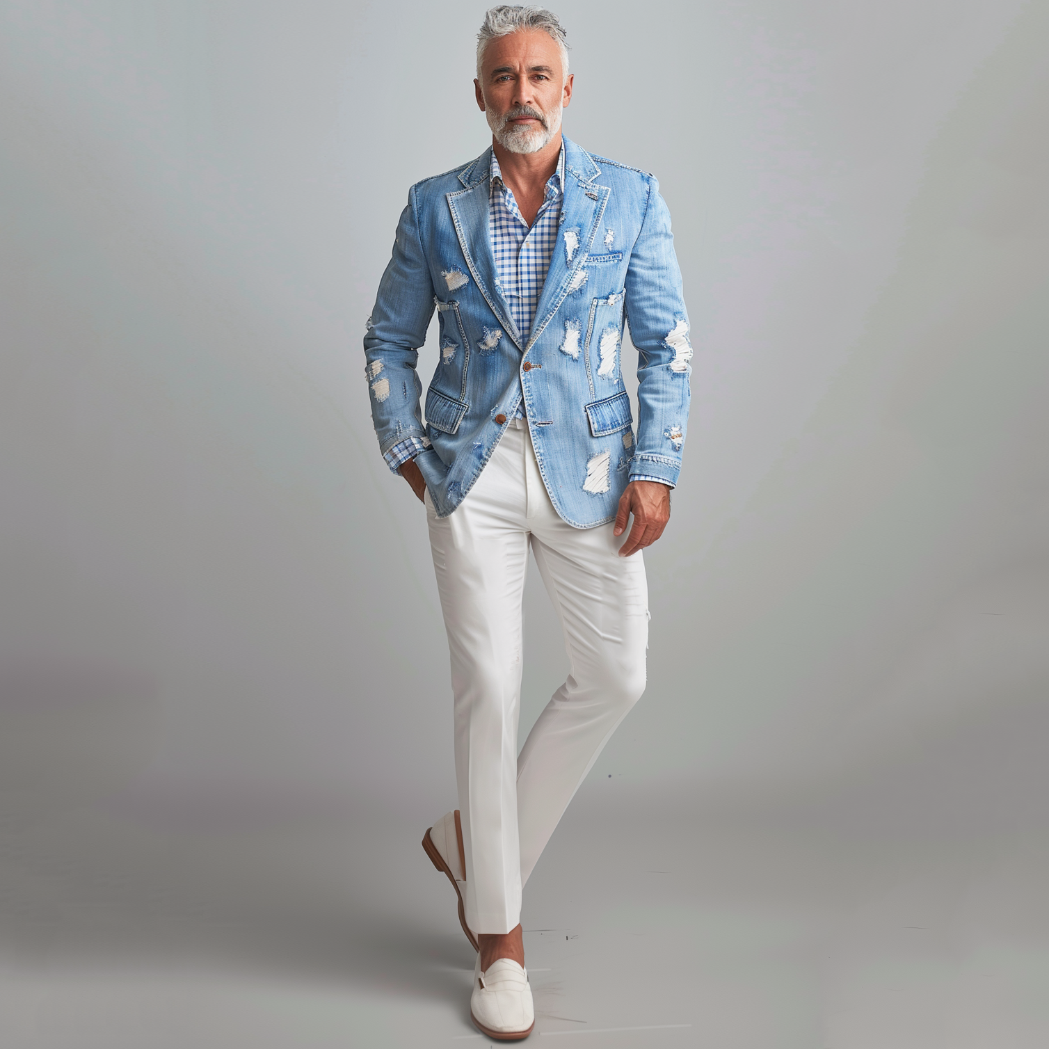 Men's Notched Lapel Two Button Ripped Denim Blazer