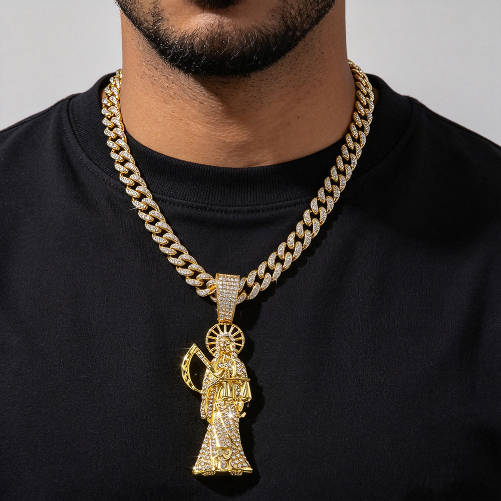 Iced Out Santa Muerte Cuban Link Necklace ✨ Divine Justice & Karmic Protection Talisman