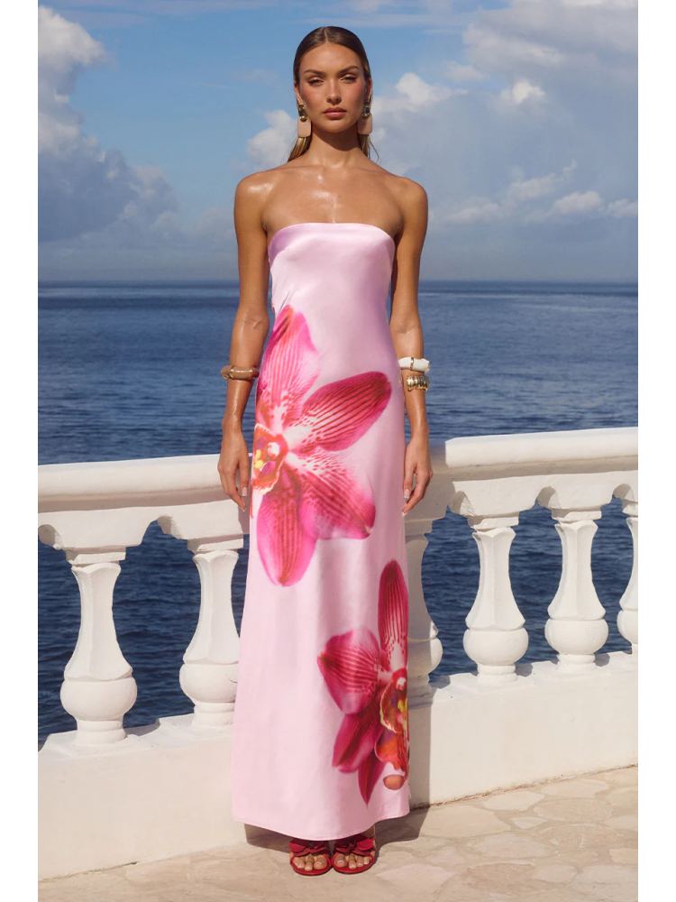 Floral Printed Strapless Fitted A-line Maxi Dress