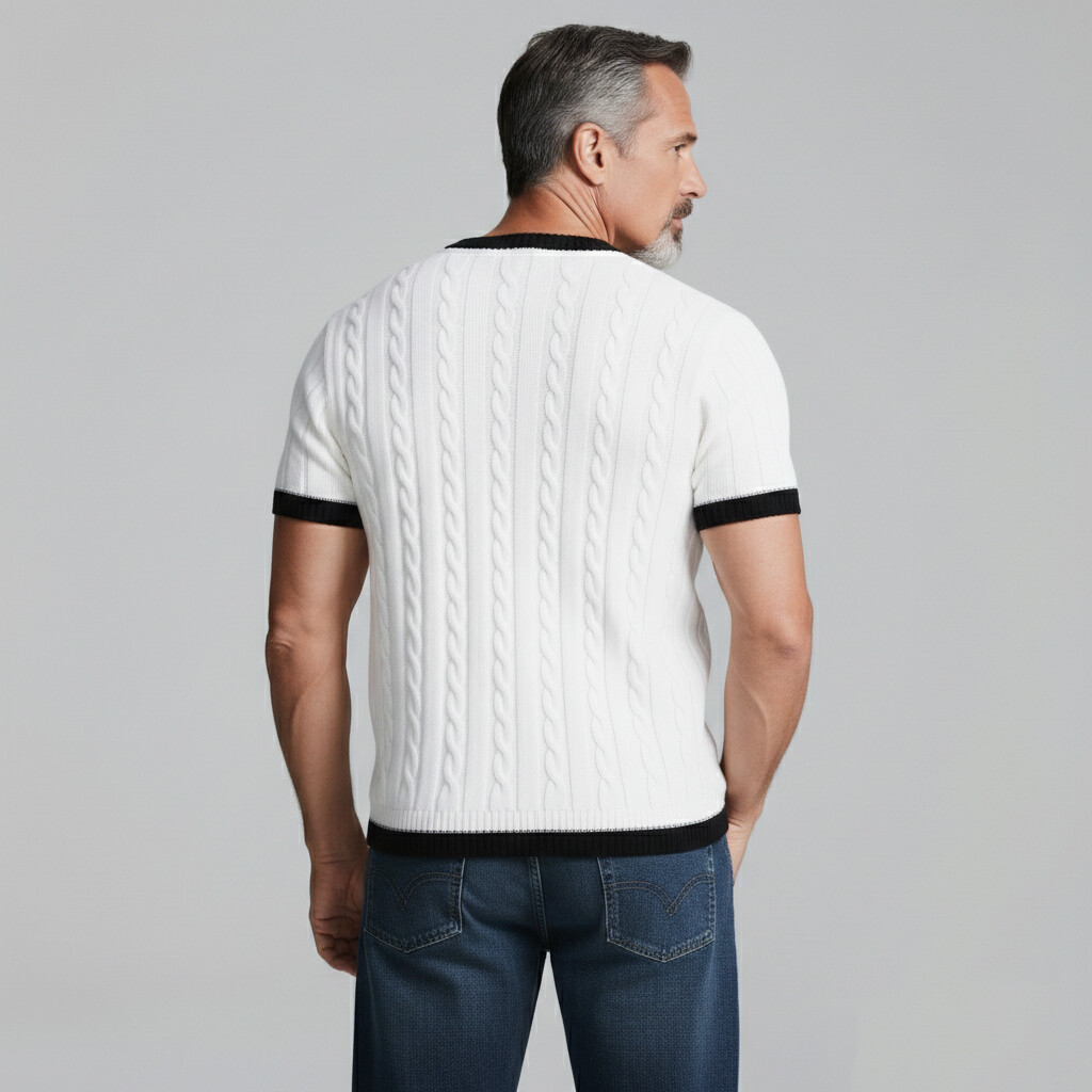 Men's Casual White V Neck Contrast Trim Short Sleeve Slim Fit Cable Knit Sweater