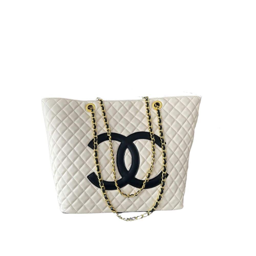 Chanel Cc Shopping Bag With Chain Leather White 32Cm