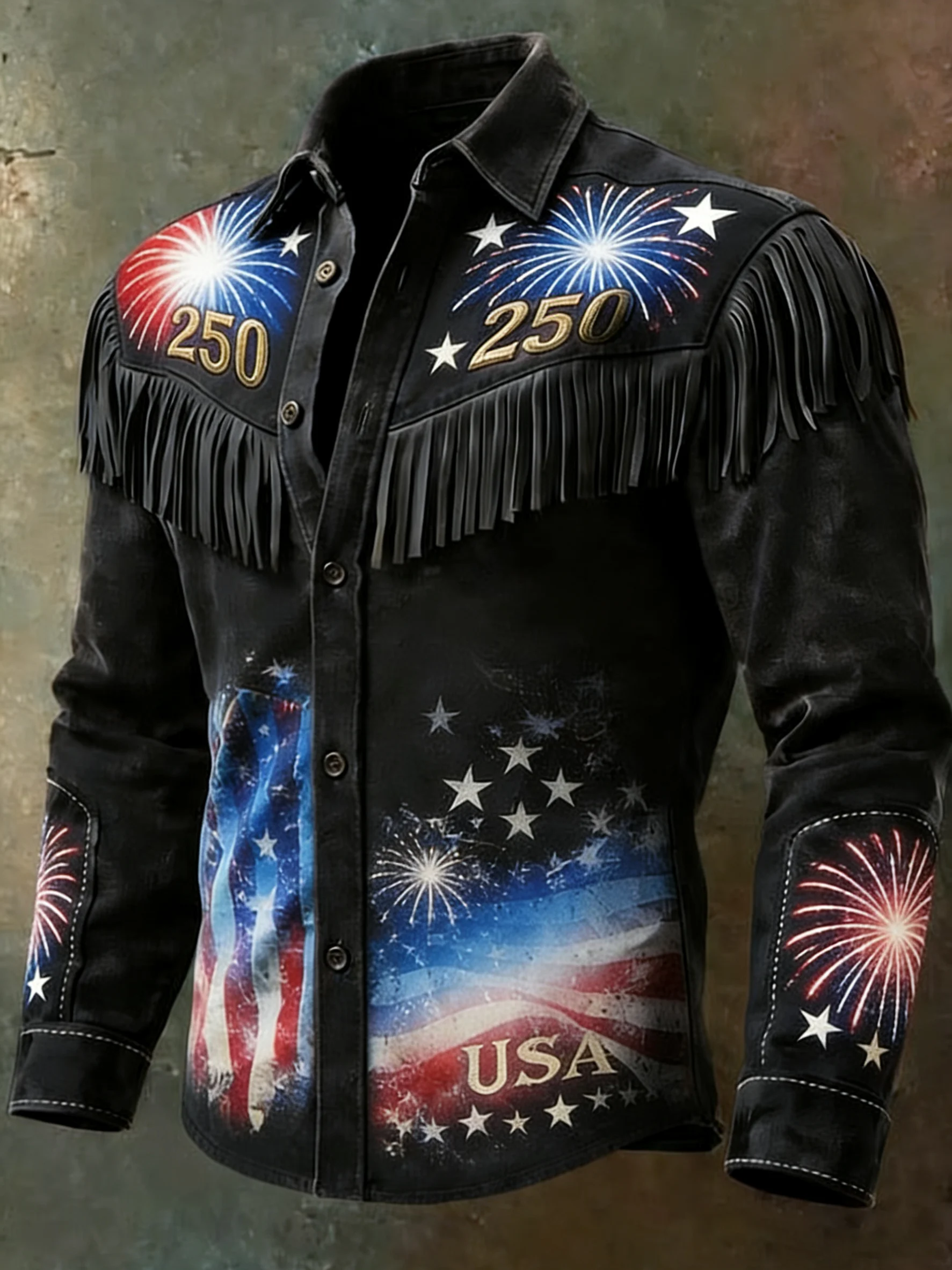 Men'S Vintage Distressed Western-Style 250th Anniversary Commemorative Printed Shirt