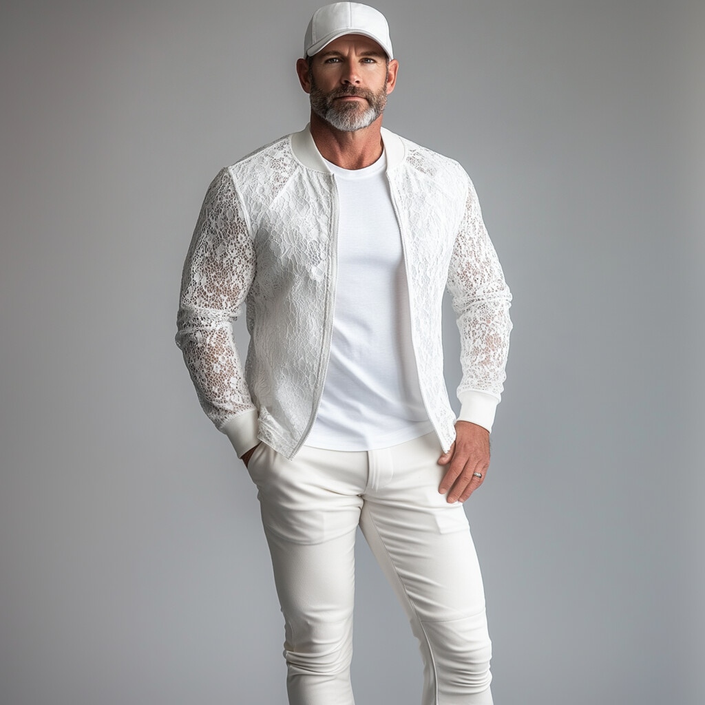 Men's Lace Hollow Out Long Sleeve Zip Up Bomber Jacket