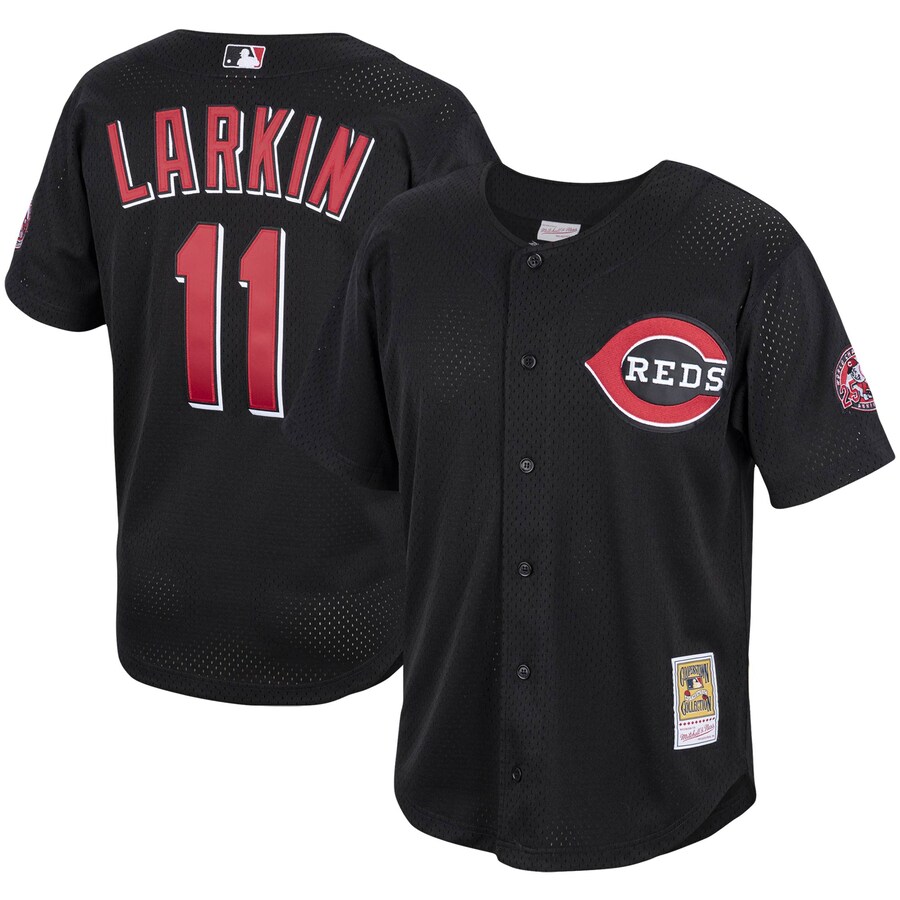 Barry Larkin Cincinnati Reds Mitchell&Ness Cooperstown Collection Mesh Batting Practice Button-Up Jersey Black