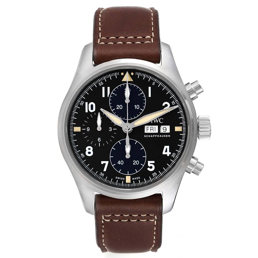 IWC Spitfire Pilot Steel Black Dial Chronograph Mens Watch IW387903
