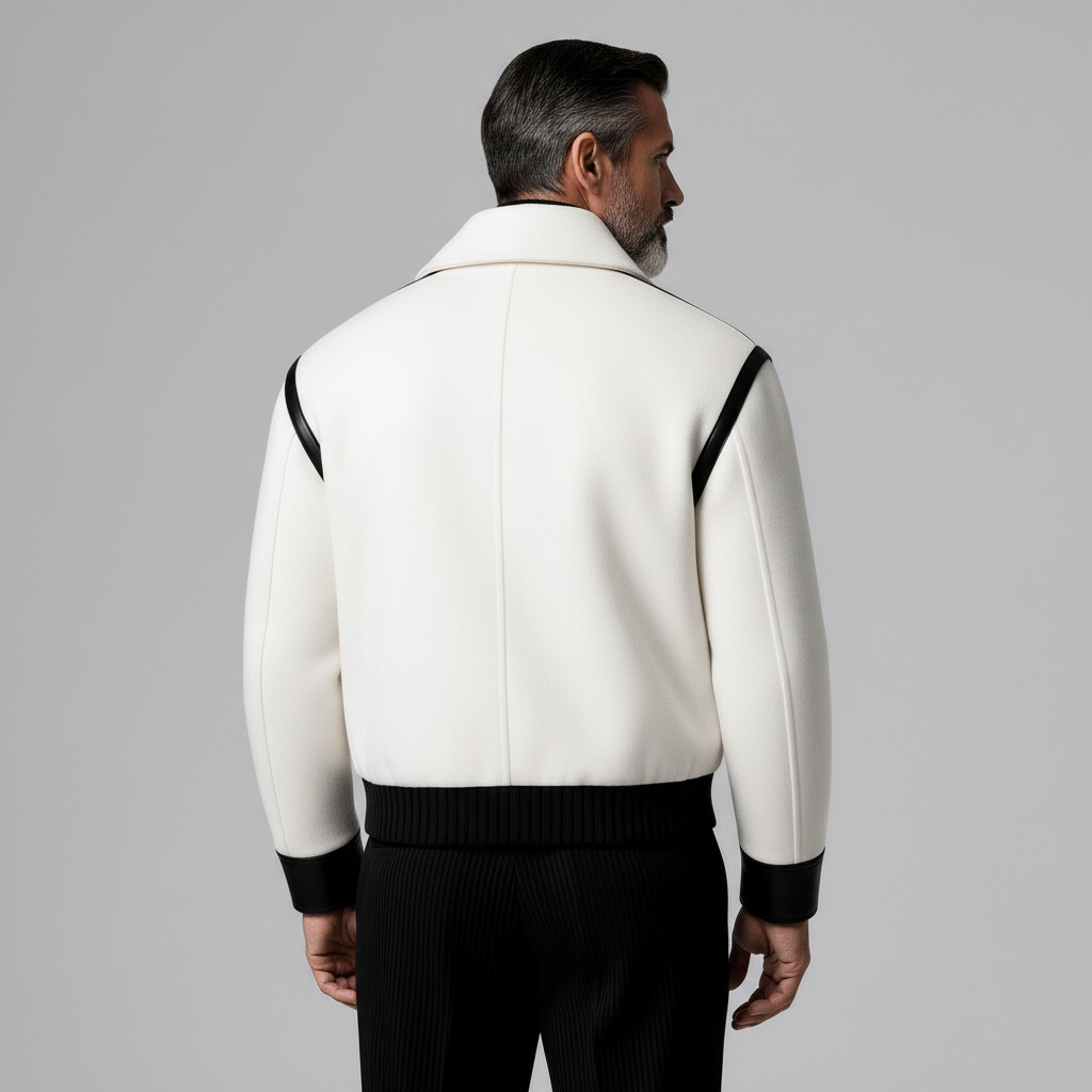 Men's White Contrast Black PU Leather Trim Shirt Collar Long Sleeve Pocket Zip Up Jacket