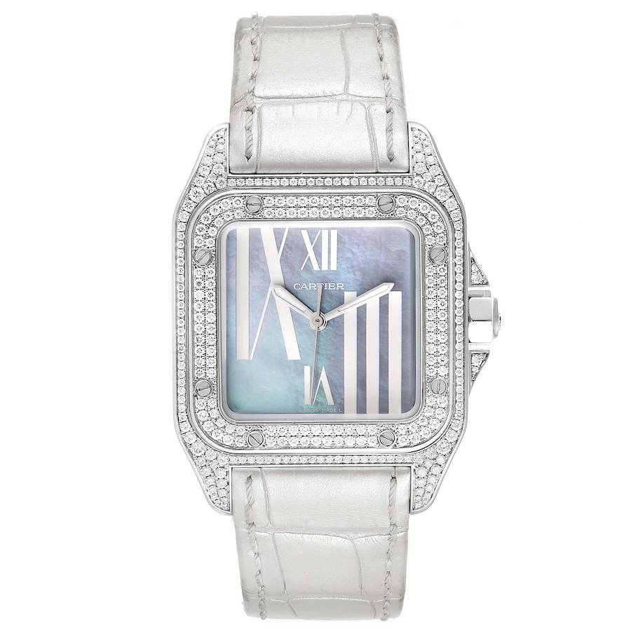 Cartier Santos 100 White Gold Blue Mother of Pearl Diamond Midsize Watch WM503251