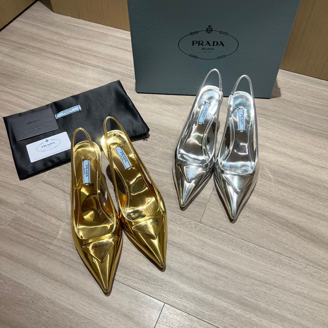 Prada Brushed Leather Slingback Pumps Silver