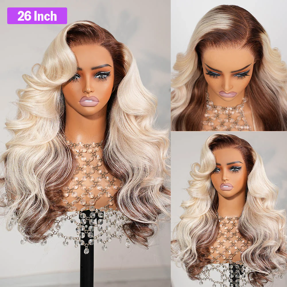 Megalook 13x6 Three-Go™ Blonde And Brown Ombre Glueless Wigs Loose Body Wave With Drawstring 100% Human Hair